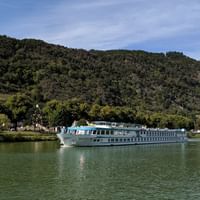 Bateau de croisière MS Switzerland naviguant sur eau verte calme avec collines boisées et petit village en arrière-plan sous ciel bleu.