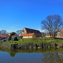 Complexe de manoir historique à Nyborg avec toits de tuiles rouges se reflétant dans l'eau calme. Murs de pierre et arbres nus sous ciel bleu.