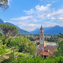 Vue depuis le Tappeinerweg à Merano montrant un clocher historique entouré d'une végétation luxuriante et de montagnes en arrière-plan.