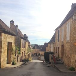Maisons en pierre traditionnelles aux toits de tuiles bordent une rue tranquille d'un village du Périgord Noir, France, sous un ciel nuageux.