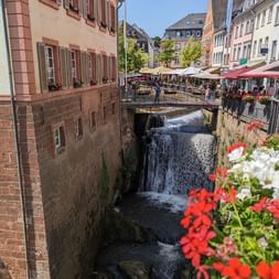 Cascade coulant à travers le centre historique de Sarrebourg avec bâtiments colorés, terrasses de restaurant et fleurs rouges au premier plan.