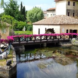 Moulins historiques de Portogruaro avec pont en bois décoré de fleurs roses traversant un canal. Des bâtiments italiens traditionnels entourent le cours d'eau.