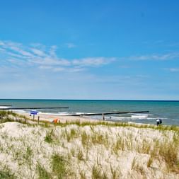 Plage de la mer Baltique avec dunes en Allemagne Plage de sable sur la côte baltique avec dunes herbeuses au premier plan. Épis en bois s'étendent dans l'eau turquoise sous ciel bleu.