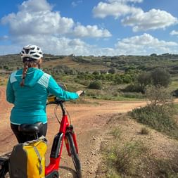 Cycliste avec casque blanc et veste turquoise sur vélo rouge avec sacoches jaunes, admirant le paysage rural de la vallée du Douro.