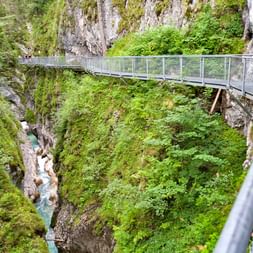 Passerelle métallique dans les gorges Leutaschklamm Passerelle en acier avec garde-corps serpentant dans les gorges verdoyantes de Leutaschklamm, avec des parois rocheuses couvertes de mousse.