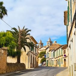 Rue étroite dans un village typique de Majorque avec maisons colorées, volets verts, palmiers et clocher d'église en arrière-plan.