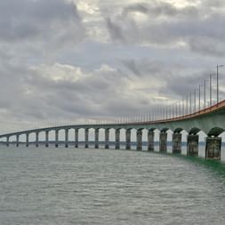 Long pont en béton avec plusieurs arches traversant une eau calme sous un ciel nuageux. Le pont de l'Île de Ré a de hauts lampadaires.