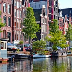 Canal d'Amsterdam bordé de péniches traditionnelles et d'arbres, avec des bâtiments historiques colorés en arrière-plan sous un ciel clair.