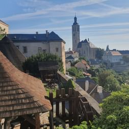 Vue sur une ville historique tchèque avec clocher d'église, toits traditionnels et verdure environnante sous un ciel bleu.