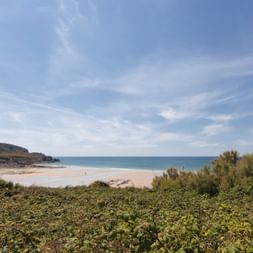 Plage de sable à la Baie d'Ecalgrain au Cotentin avec végétation verte au premier plan, mer turquoise et falaises rocheuses sous ciel bleu.