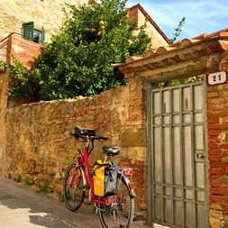Vélo de randonnée rouge avec sacoches jaunes garé contre un mur en pierre patiné avec porte en bois à Vinci, Toscane. Citronnier visible.