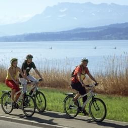 Cyclistes pédalant sur les rive du lac des Quatre-Cantons en Suisse