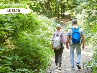 Couple de marcheurs de dos, marchant sur un sentier dans un bois