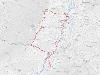 Carte itinéraire cycliste du Palatinat Carte montrant un itinéraire cycliste rouge à travers la région du Palatinat en Allemagne, reliant des villes comme Neustadt, Germersheim.