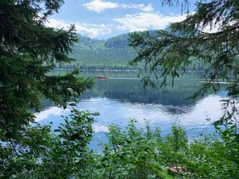 Lac tranquille d'Altaussee encadré par des conifères verts, avec des montagnes boisées se reflétant dans l'eau calme et un petit bateau visible au loin.