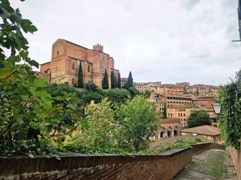 Vue du centre historique de Sienne avec une grande basilique en brique sur une colline, entourée de bâtiments médiévaux et de cyprès.