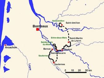 Carte montrant l'itinéraire de randonnée dans le vignoble bordelais avec sentier pointillé noir reliant Saint-Émilion, Saint-Martin de Lherm, Sauternes.