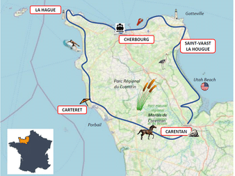 Carte de l'itinéraire cyclable du Cotentin montrant le tracé bleu reliant La Hague, Cherbourg, Saint-Vaast-la-Hougue, Carentan et Carteret avec parcs régionaux.