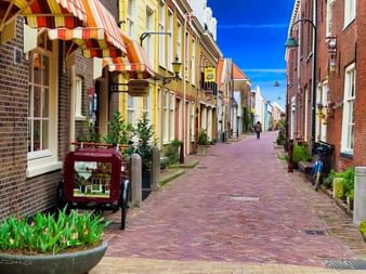 Charmante rue pavée de Delft bordée de bâtiments traditionnels en brique néerlandaise, d'auvents colorés et de jardinières vertes.