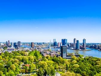 Vue aérienne de la skyline de Rotterdam avec des gratte-ciel modernes, l'emblématique pont Erasme traversant la rivière et des parcs verts au premier plan.