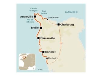 Carte de la presqu'île du Cotentin montrant l'itinéraire de randonnée par Auderville, Biville, Flamanville, Carteret et Cherbourg en lignes orange.