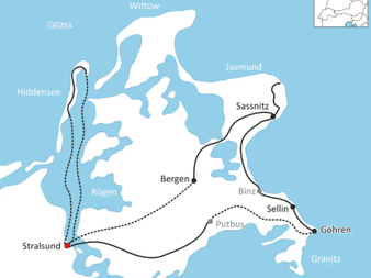 Carte tour familial mer Baltique Allemagne Carte du circuit familial mer Baltique en Allemagne avec lignes pointillées reliant Stralsund, Bergen, Binz, Sellin, Göhren et autres villes côtières.