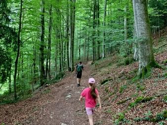 Deux randonneurs sur un sentier forestier dans le Salzkammergut. Une fille en chemise rose et casquette suit une personne en vêtements sombres.