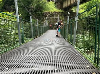 Pont suspendu métallique avec tablier perforé et garde-corps verts traversant une forêt dense. Deux personnes sur le pont au Salzkammergut.