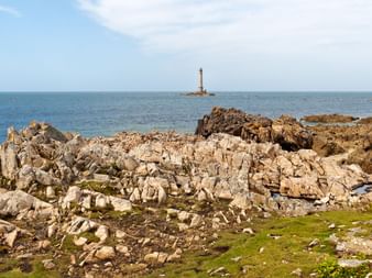 Côte rocheuse avec pierres déchiquetées et mousse verte au premier plan, phare visible à l'horizon dans la mer bleue calme à Pointe de Goury.
