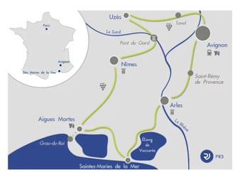 Carte d'itinéraire cyclable en Provence-Camargue avec chemins verts reliant Avignon, Arles, Nîmes, Aigues-Mortes et Saintes-Maries-de-la-Mer.