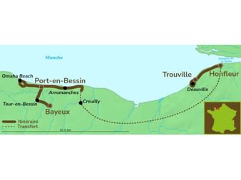 Carte de l'itinéraire de randonnée dans le Calvados d'Omaha Beach via Port-en-Bessin, Bayeux vers Honfleur avec transfert vers Trouville et Deauville.