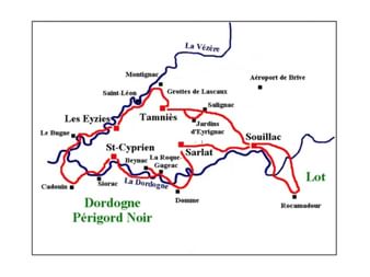 Carte du Grand Tour du Périgord à vélo en rouge traversant la Dordogne et le Périgord Noir, passant par Les Eyzies, Sarlat et Souillac.