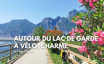 Piste cyclable au bord du lac de Garde avec lauriers-roses roses, montagnes en arrière-plan et vélo avec sacoches jaunes.