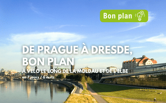 Vue de Dresde avec l'Elbe, pont historique et bâtiments. Label vert 'Bon plan' et texte français pour circuit vélo Prague-Dresde.