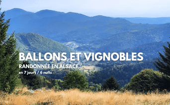 Paysage montagneux en Alsace avec collines boisées et vallées. Texte superposé 'BALLONS ET VIGNOBLES RANDONNÉE EN ALSACE en 7 jours / 6 nuits'.