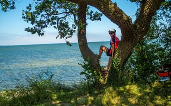 Cyclotouriste admire la vue sur les étendues d'eau de Bodden