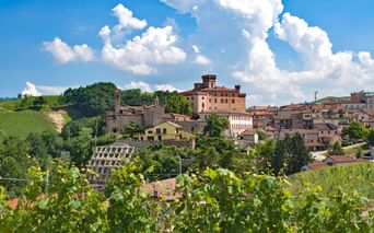 Vue de la ville et du vignoble de Barolo dans le Piémont