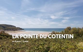Plage de sable et mer bleue à la Pointe du Cotentin avec végétation côtière au premier plan et promontoire rocheux sous un ciel partiellement nuageux.