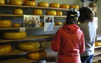 Deux cyclotouristes visitent la boutique d'une fromagerie vendant du Gouda aux Pays-Bas