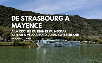 Bateau de croisière MS Switzerland naviguant sur le Rhin avec des collines boisées vertes en arrière-plan sous un ciel bleu.