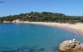 Plage de Platja de Castell près de Gérone avec eau turquoise, baigneurs, rivage sablonneux et colline boisée sous ciel bleu sur la Costa Brava.