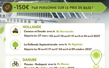 Bannière promotionnelle montrant un bateau de croisière fluviale avec réduction de 150€ par personne. Liste des départs 2027.