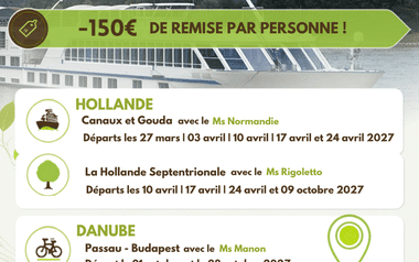 Bannière promotionnelle pour voyages bateau et vélo avec 150€ de réduction. Montre bateau de croisière et offres Hollande et Danube 2027.