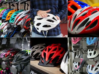montage photos montrant des casques vélo dans des rayons de magasin
