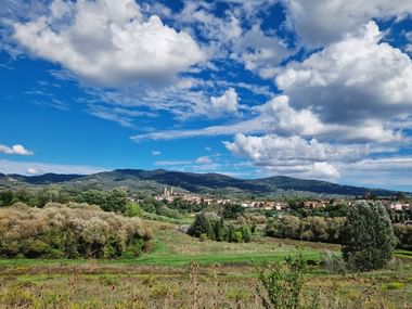 Vue de la ville de Vinci en Toscane avec tour historique, entourée de champs verts, oliveraies et collines sous ciel bleu avec nuages.