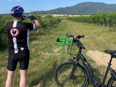 Cyclotouriste descendu de son vélo de location Espace Randonnée pour photographier le paysage sur la Route des Vins d'Alsace en été