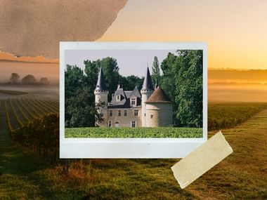 Montage photo montrant un château du Médoc sur fond de vignoble