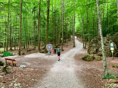 Croisement de sentiers forestiers avec randonneurs près d'un panneau circulaire. Chemins de gravier traversent une forêt dense verte.