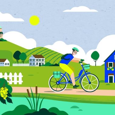 Dessin illustrant un cyclotouriste pédalant dans la plaine alsacienne