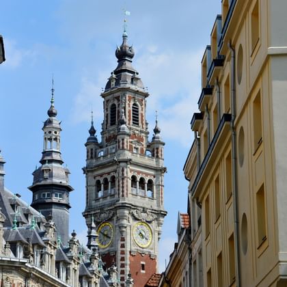 Deux clochers ornés s'élèvent au-dessus des bâtiments colorés du Vieux Lille. La tour en brique plus haute présente des cadrans et des ornements.